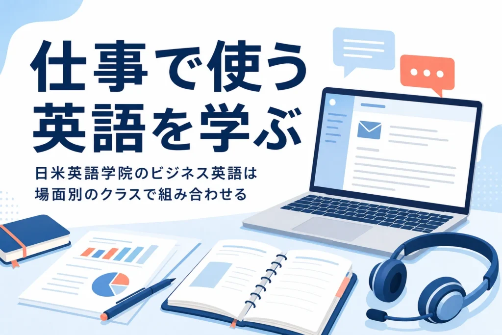 日米英語学院のビジネス英語コースと社会人コースで学べる内容を紹介する記事のアイキャッチ