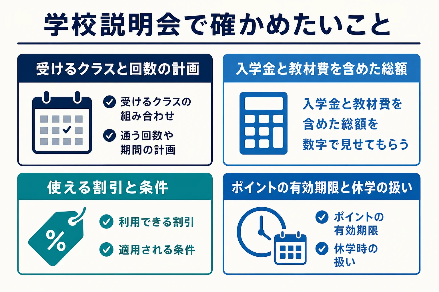日米英語学院の学校説明会で確かめておきたいポイントをまとめた図解